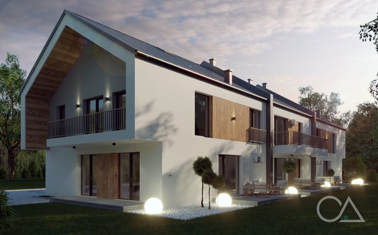 Modern residential house with white and brick facades, multiple levels, large windows, and ground-level lighting at dusk