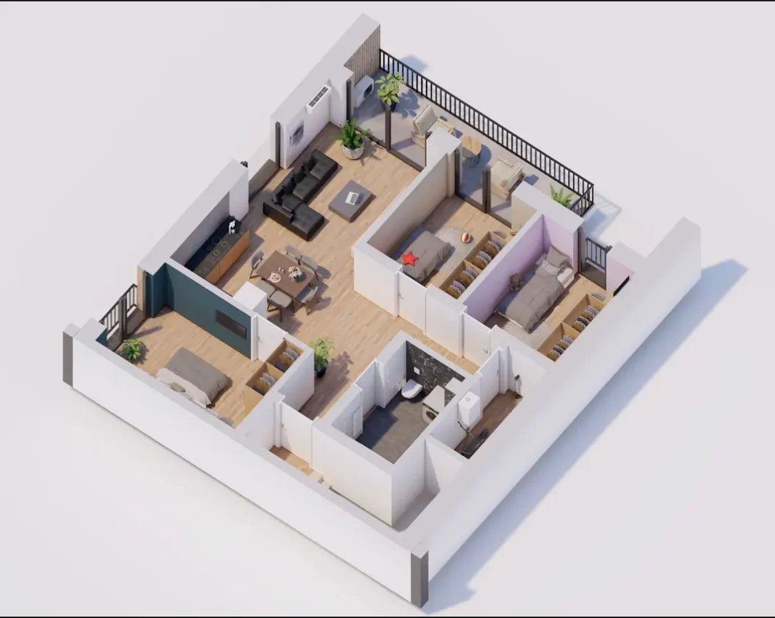 3D isometric floor plan showing a residential apartment layout with multiple rooms, kitchen, bedrooms, and living spaces