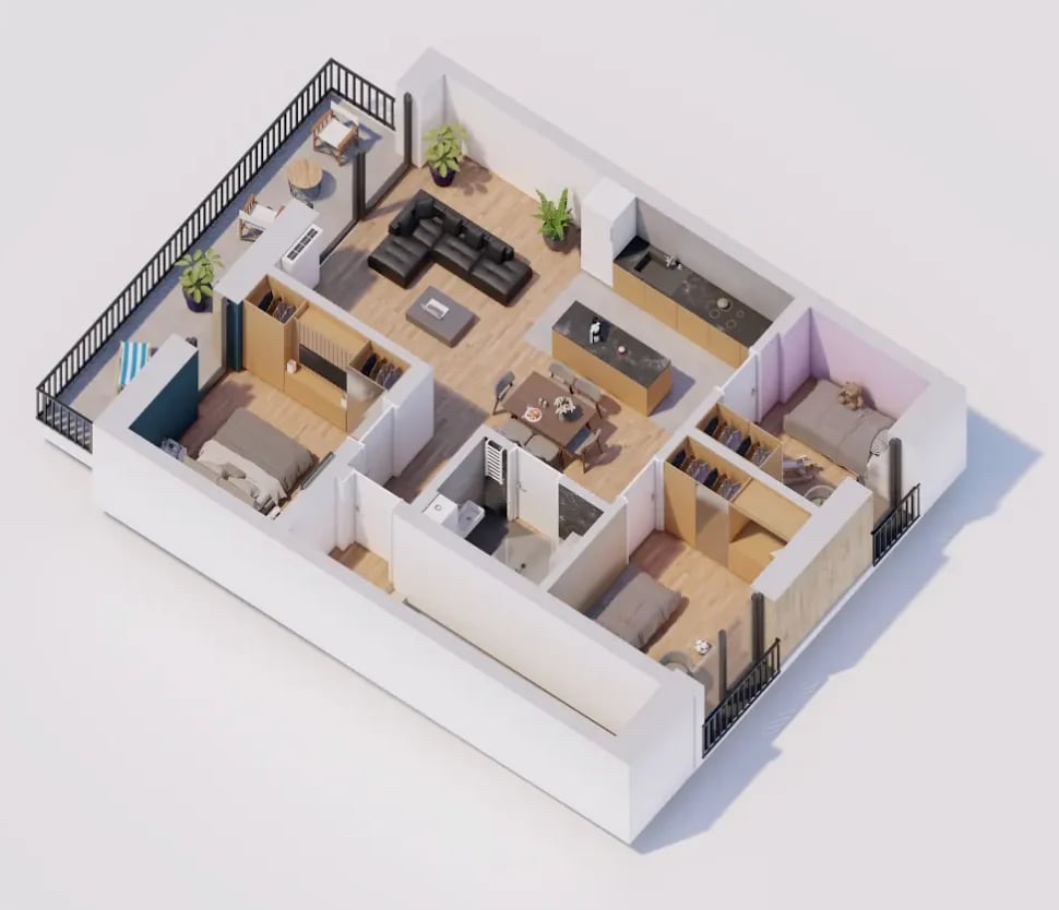 Isometric 3D floor plan layout of a residential apartment showing multiple rooms, furniture, and floor design