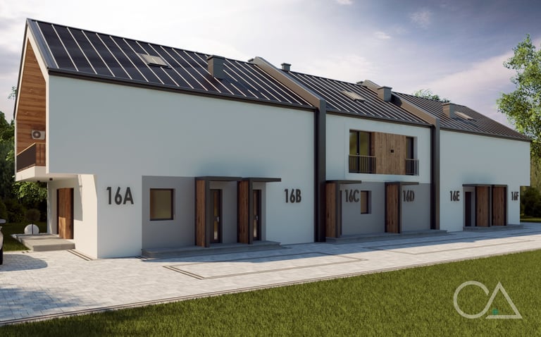 Modern white residential building with black metal roof, numbered units 16A-16D, and paved courtyard facing green lawn
