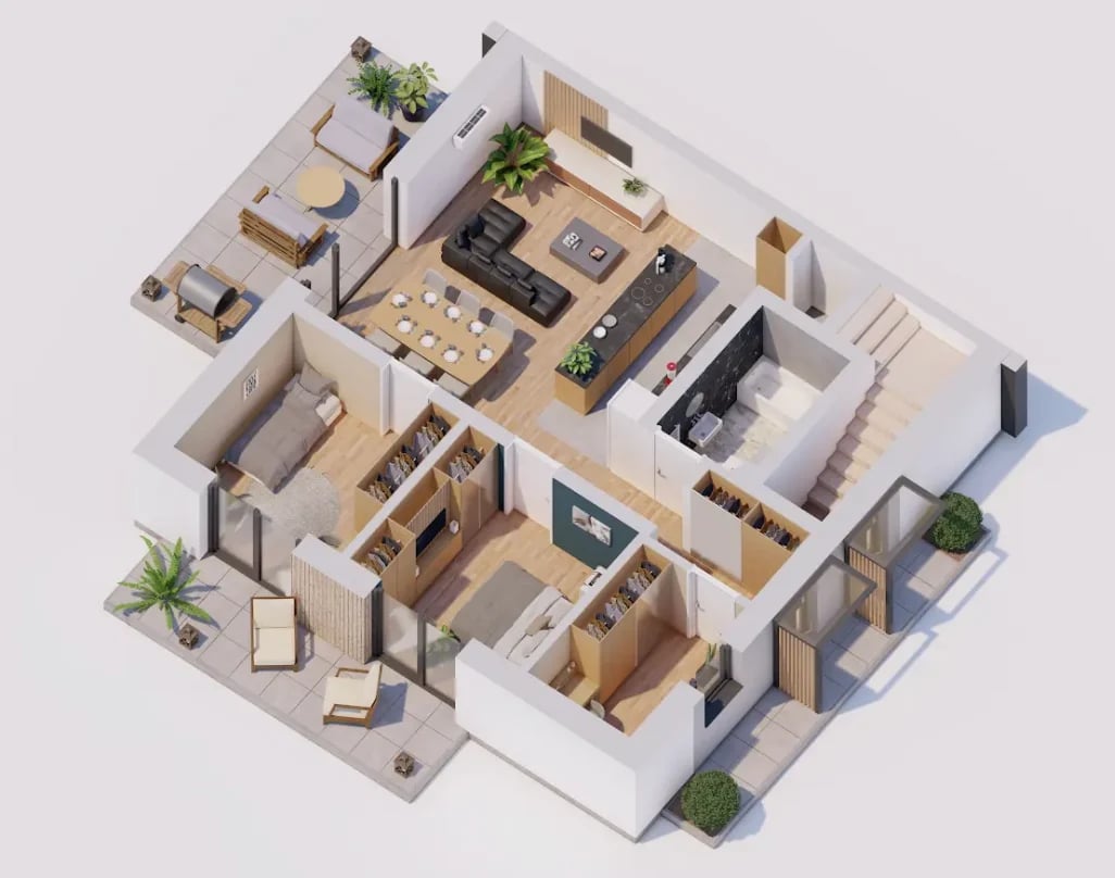 3D isometric floor plan of a residential apartment showing living areas, bedrooms, kitchen, and bathrooms from above