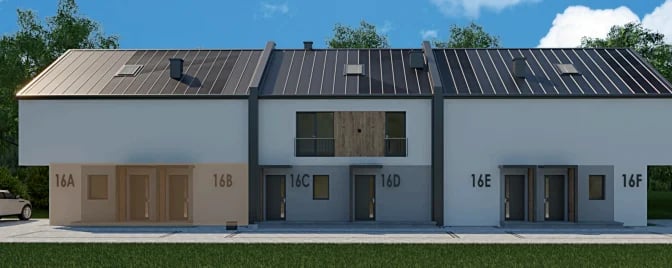 Modern row of residential townhouses with metal roofs, numbered units, and garage doors, set against a blue sky