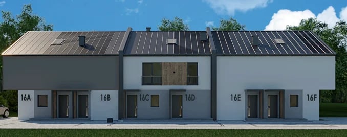 Modern townhouse complex with gray and white facades, metal roof, and individual unit entrances numbered 14A through 16F