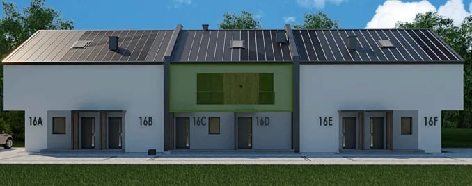Modern residential building with black metal roof, white facade, and numbered units 14A through 14F, situated on grass with trees in background
