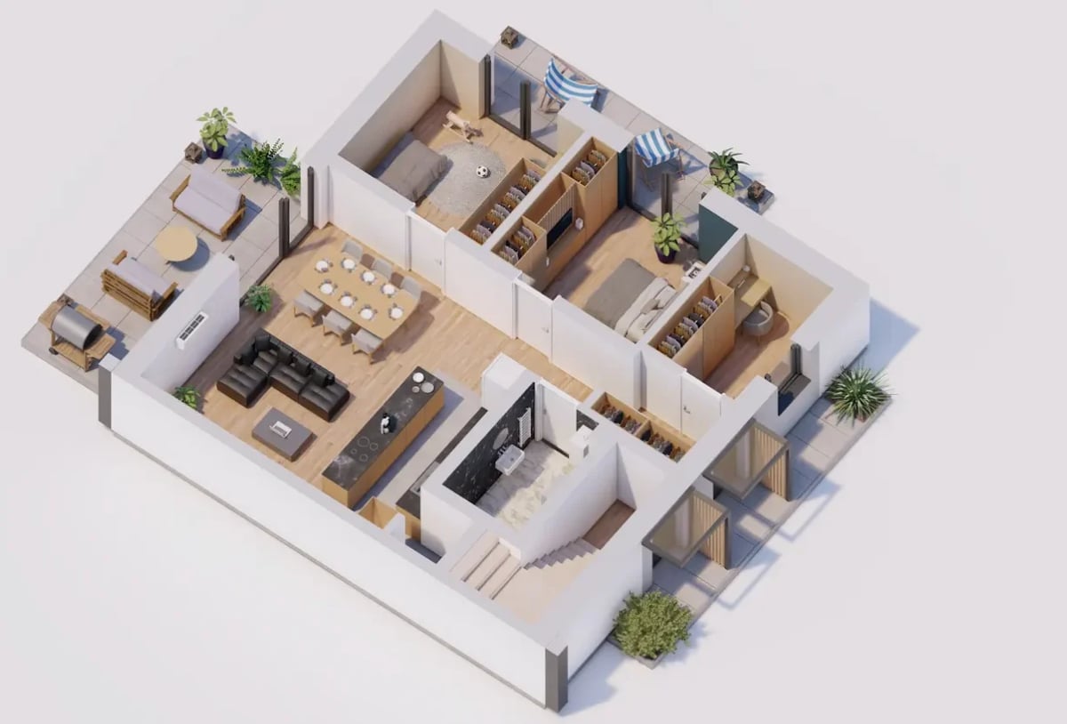 3D isometric floor plan of a modern apartment showing open living space, kitchen, bedrooms, bathrooms, and small balcony areas