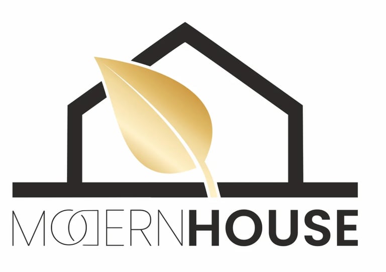 Modern House logo featuring a house outline with a golden leaf, combining the words modern and house