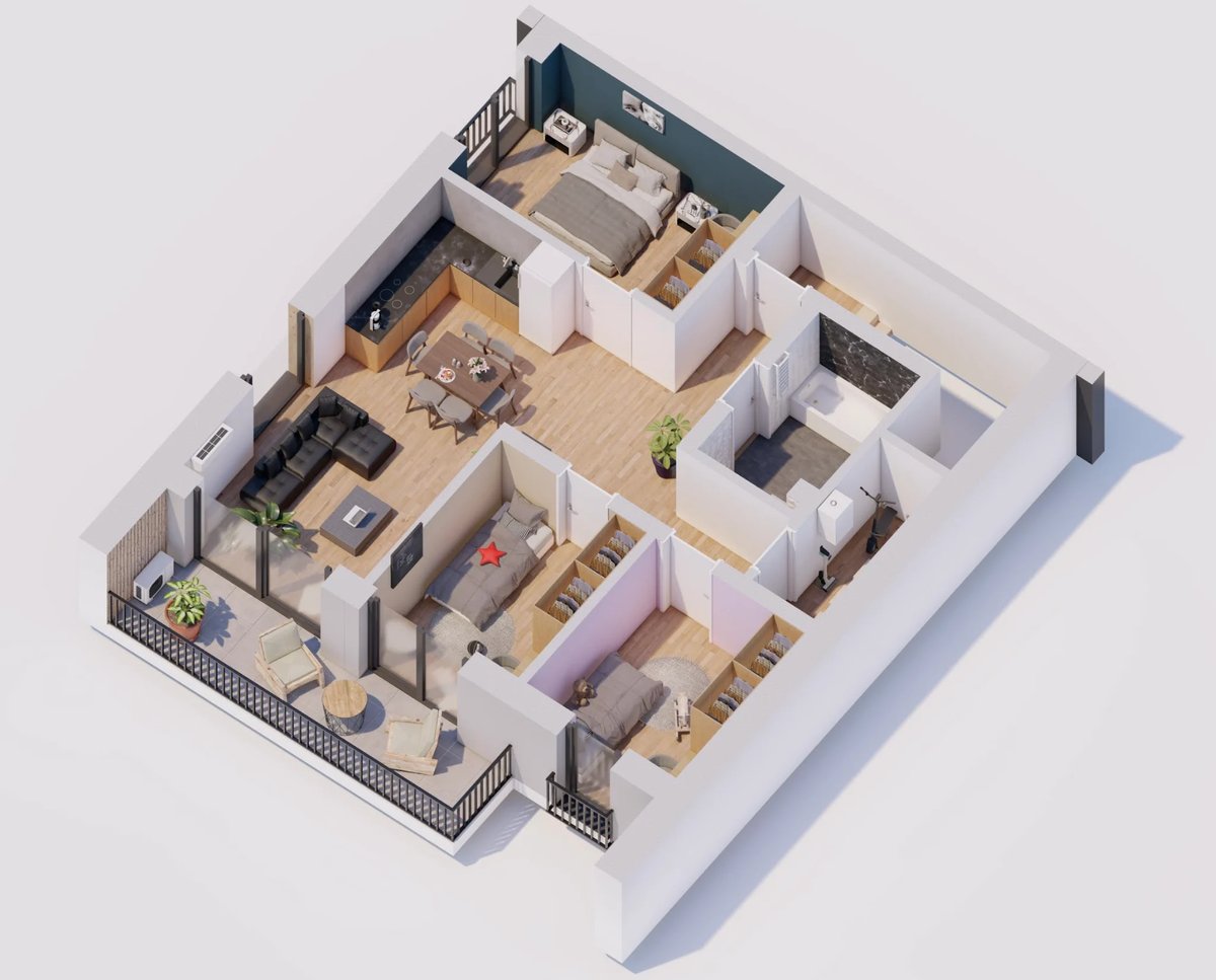3D isometric floor plan showing a two-bedroom apartment layout with living areas, kitchen, bathrooms, and furnishings