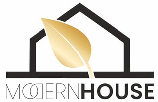 Modern House logo featuring a black house outline with a golden leaf design and text reading Modern House