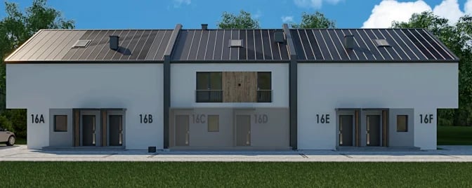 Modern white residential building with metal roof featuring numbered units 14A through 14F and separate entrance doors