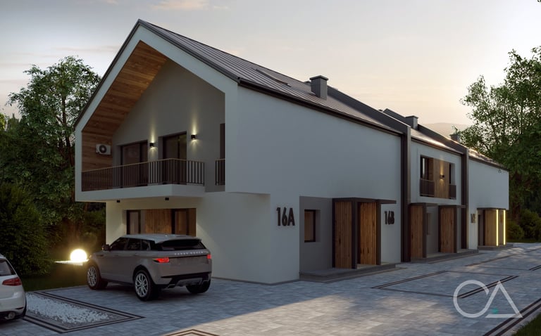 Modern two-story house with white exterior, dark roof, and garage with parked car at dusk