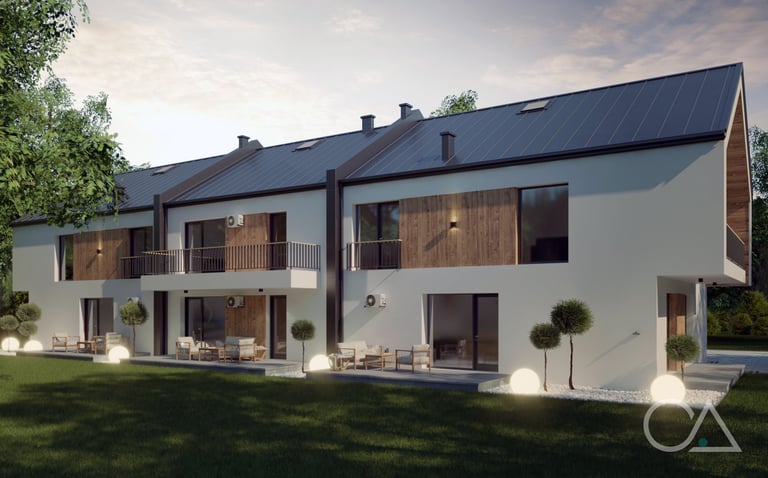 Modern residential duplex with white exterior, dark roof, wooden window accents, and manicured lawn